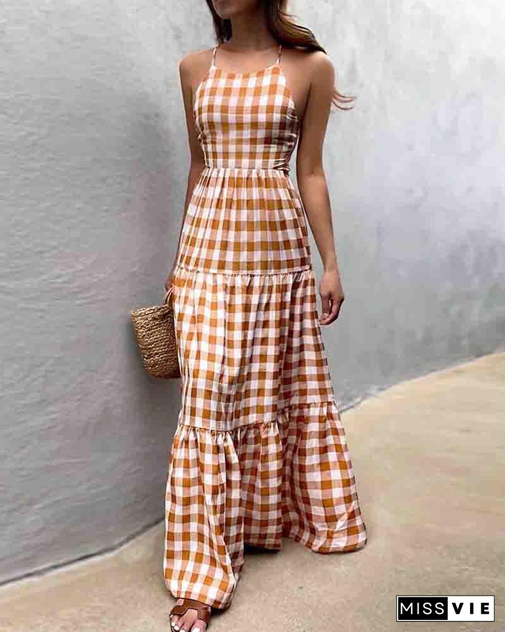 Plaid Lace-up Backless Halter Sleeveless Maxi Dress P13921