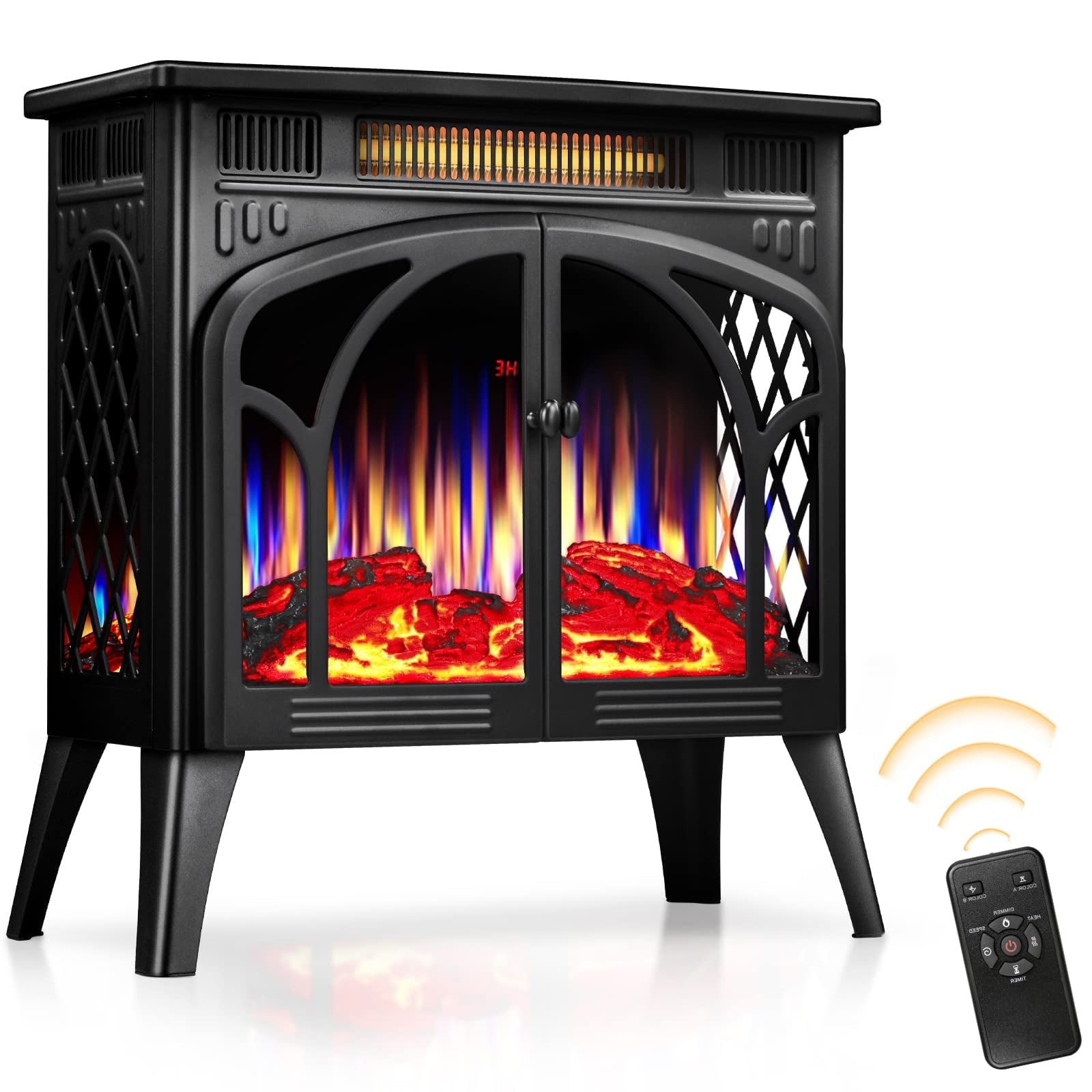 R.W.FLAME Electric Fireplace-Fireplace Stove with 3D Flame Effect Freestanding Portable Electric Fireplace Stove Heater with Remote Control (Black)