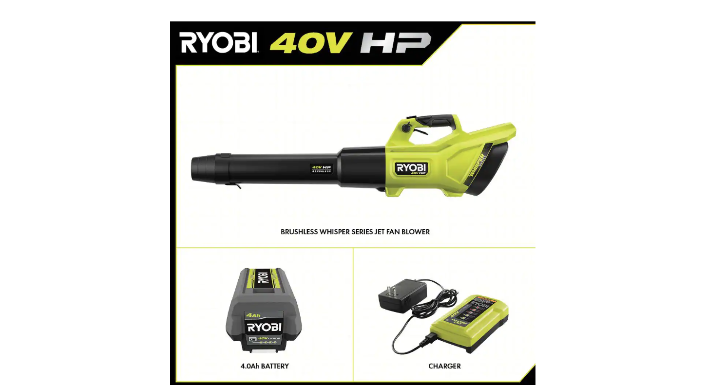 RYOBI RY404130VNM 40V HP Brushless Whisper Series 155 MPH 600 CFM Cordless Battery Leaf Blower with 4.0 Ah Battery and Charger