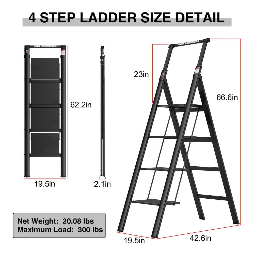 4-Step Retractable Handgrip Folding Aluminum Step Stool Ladder with Anti-Slip Wide Pedal 300 lbs. Household Ladder DATI-CYW1-909