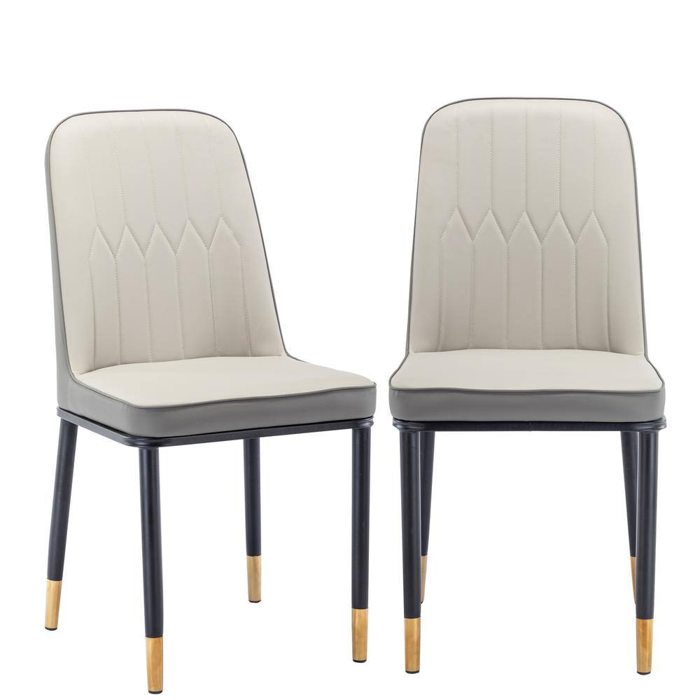 Magic Home Set of 2 PU Leather Dining Chair with Iron Metal Gold Plated Legs Beige and Gray MH-CD-060