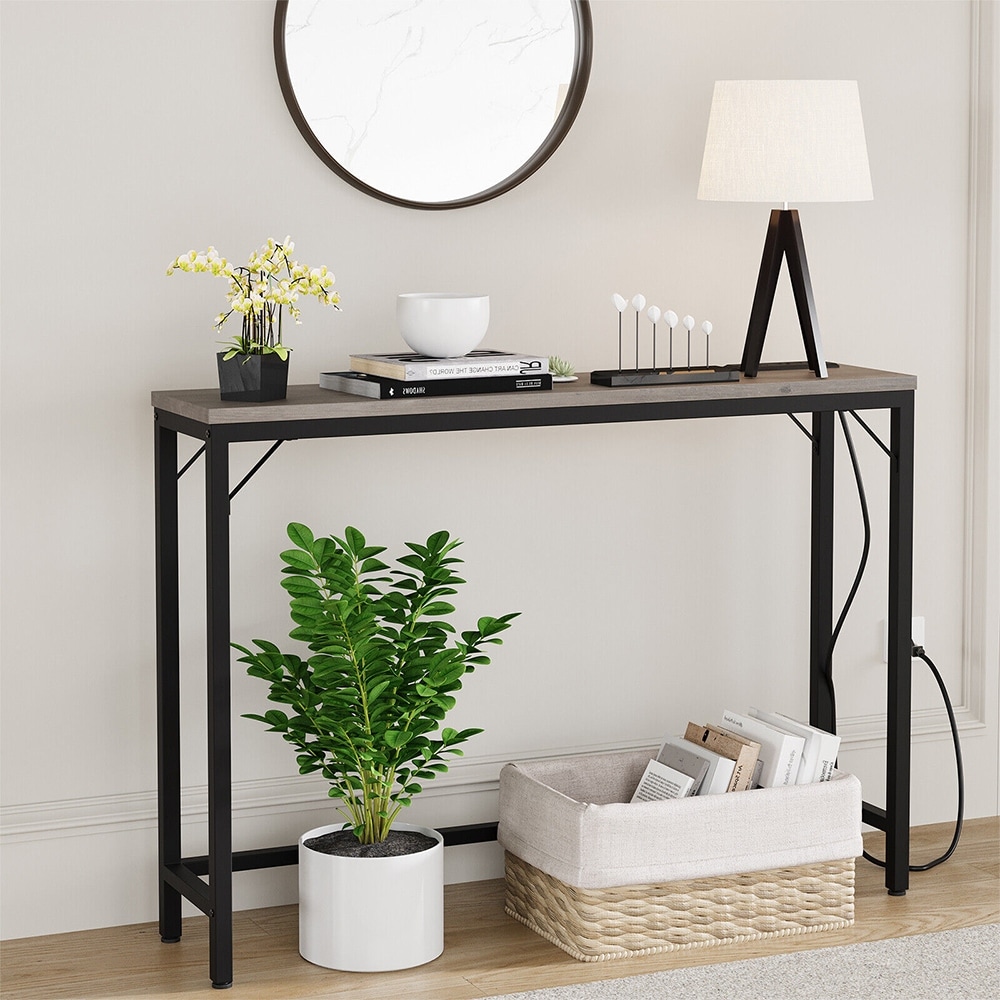 Wood Console Table Modern Sofa Accent Charging Station Entryway Grey   54 x 84