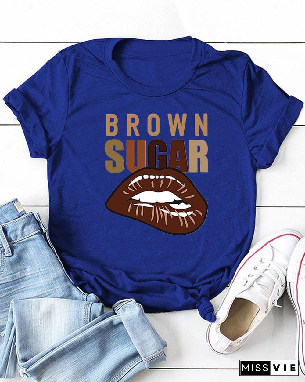 Short Sleeve Lip Letter Print O Neck Casual T-shirt