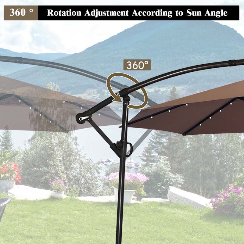 10 FT Patio Offset Umbrella with Solar Lights 360° Rotation Outdoor Market Umbrella with Crank Handle & Cross Base