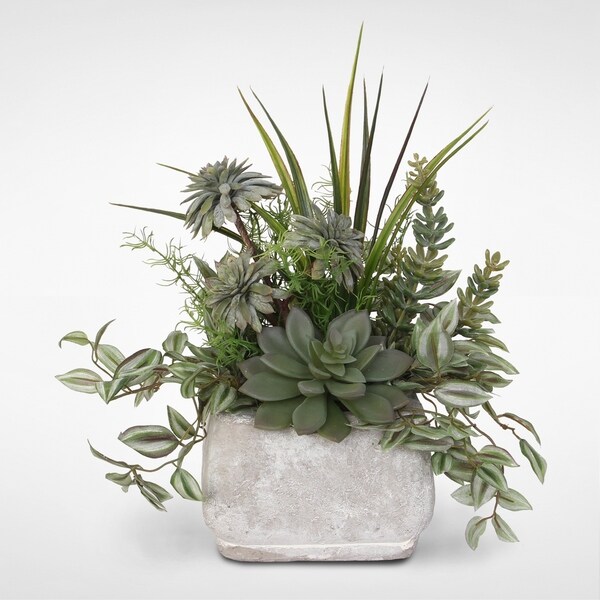 Assorted Artificial Succulents and Greenery in a Stone Pot