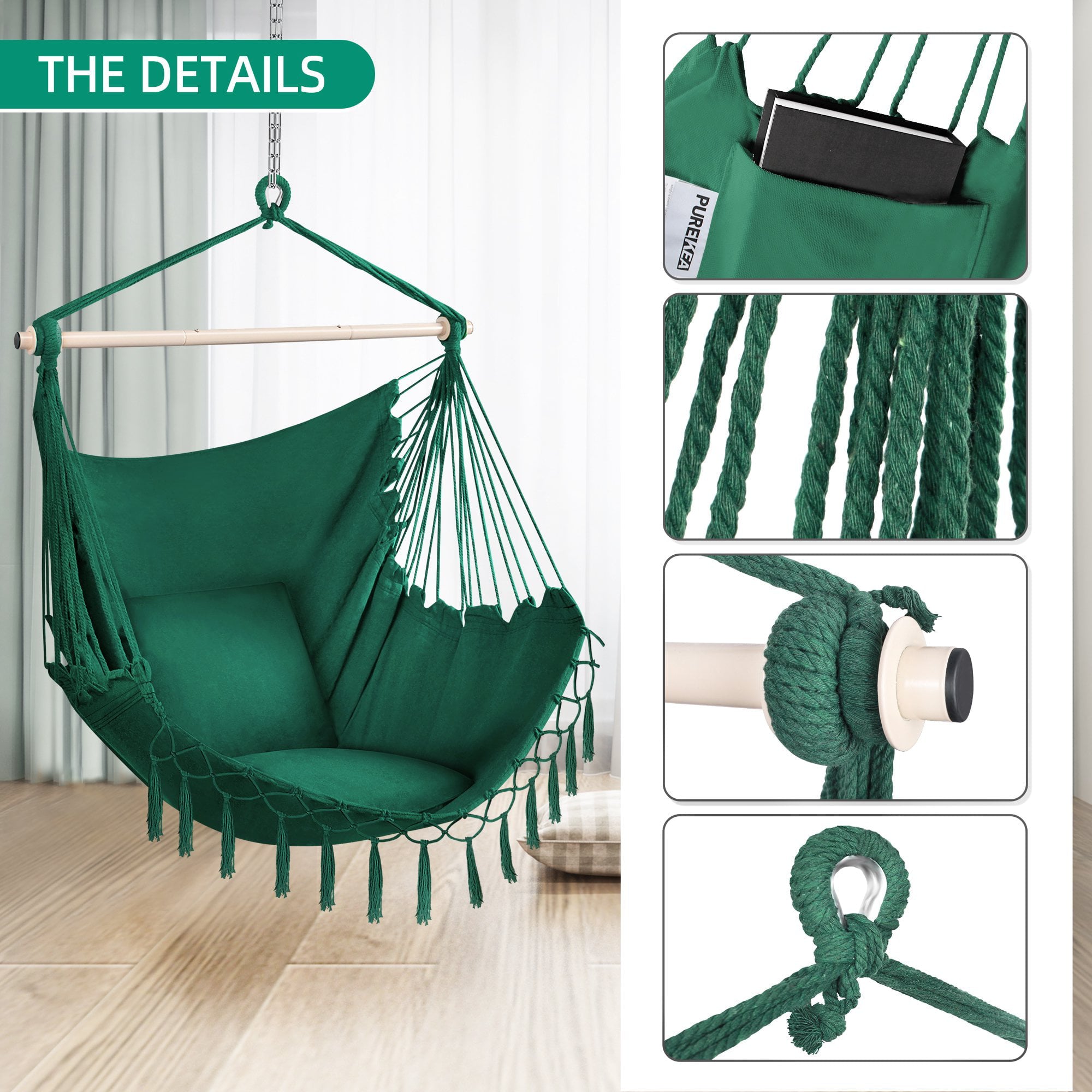 Oversized Hammock Chair with Hanging Hardware Kit, Swing Chair for Indoor & Outdoor, Max 330 Lbs, Include Carry Bag & Two Soft Seat Cushions -Green