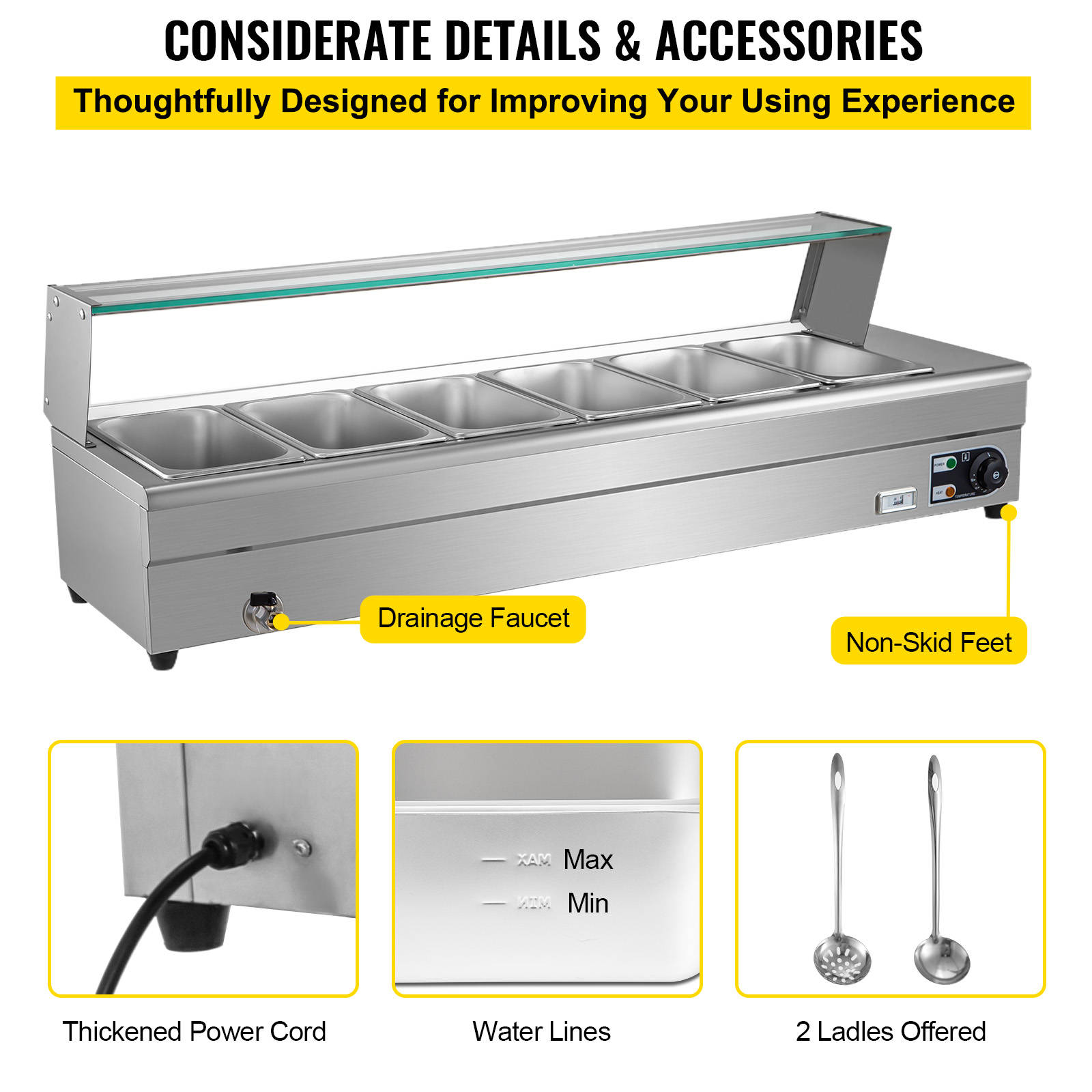 VEVORbrand 6-Pan Bain Marie Food Warmer 6-inch Deep， 1500W Electric Countertop Food Warmer 42 Quartz with Tempered Glass Shield with 6 Lids and 2 Ladles