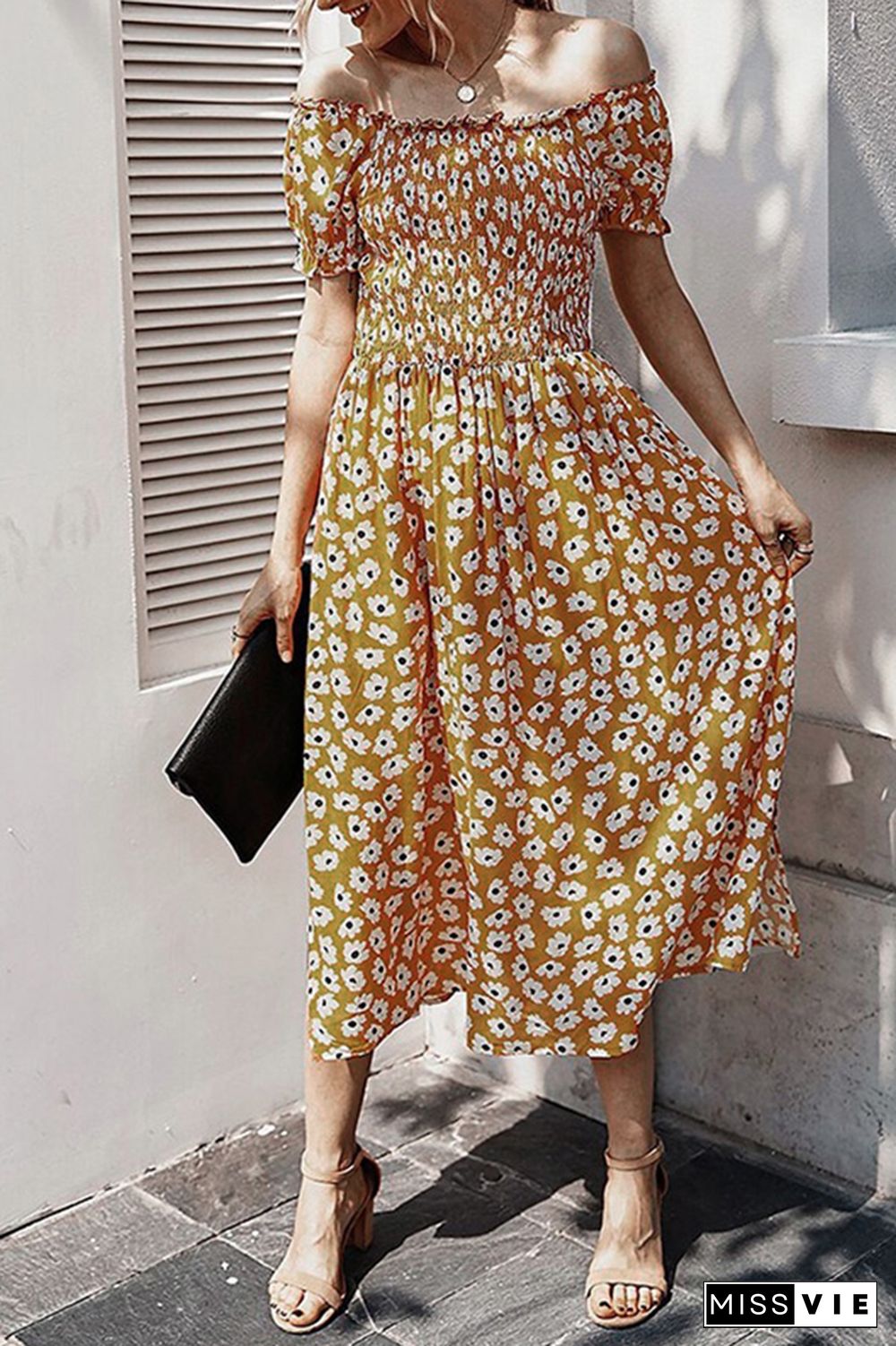 Sun Flower Off Shoulder Floral Dress Wholesale