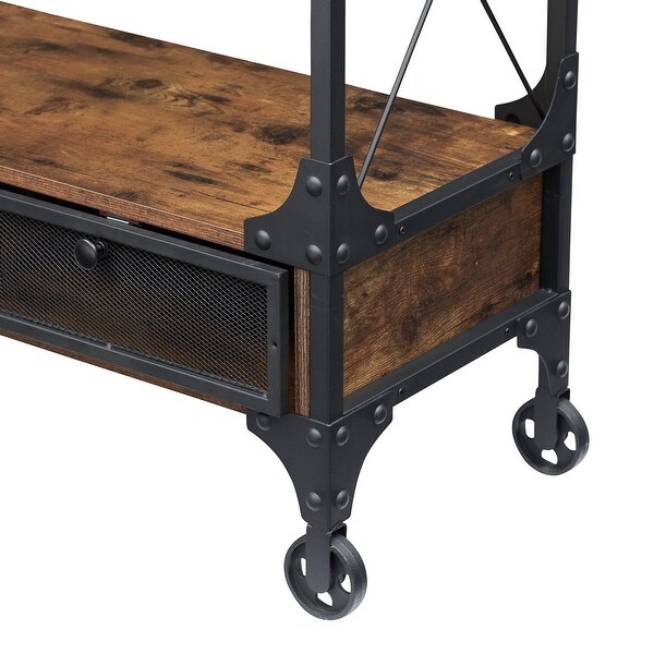 Industrial Console Table with Drawer and Storage Shelf， 4-Foot Wheels， Brown