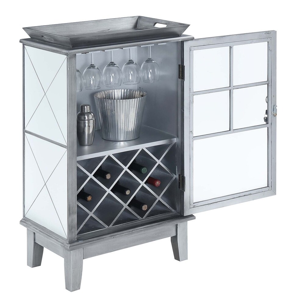 Convenience Concepts Gold Coast Mirrored Wine Storage Serving Bar with Cabinet and Lock