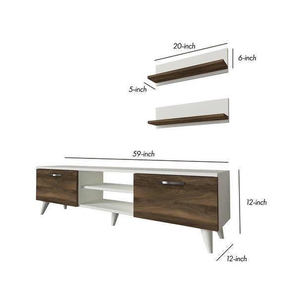 59 Inch Wood TV Console Entertainment Center， 2 Drop Down Doors， 2 Wall Shelves， Walnut， White