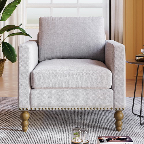 Classic Linen Armchair Accent Chair with Bronze Na...