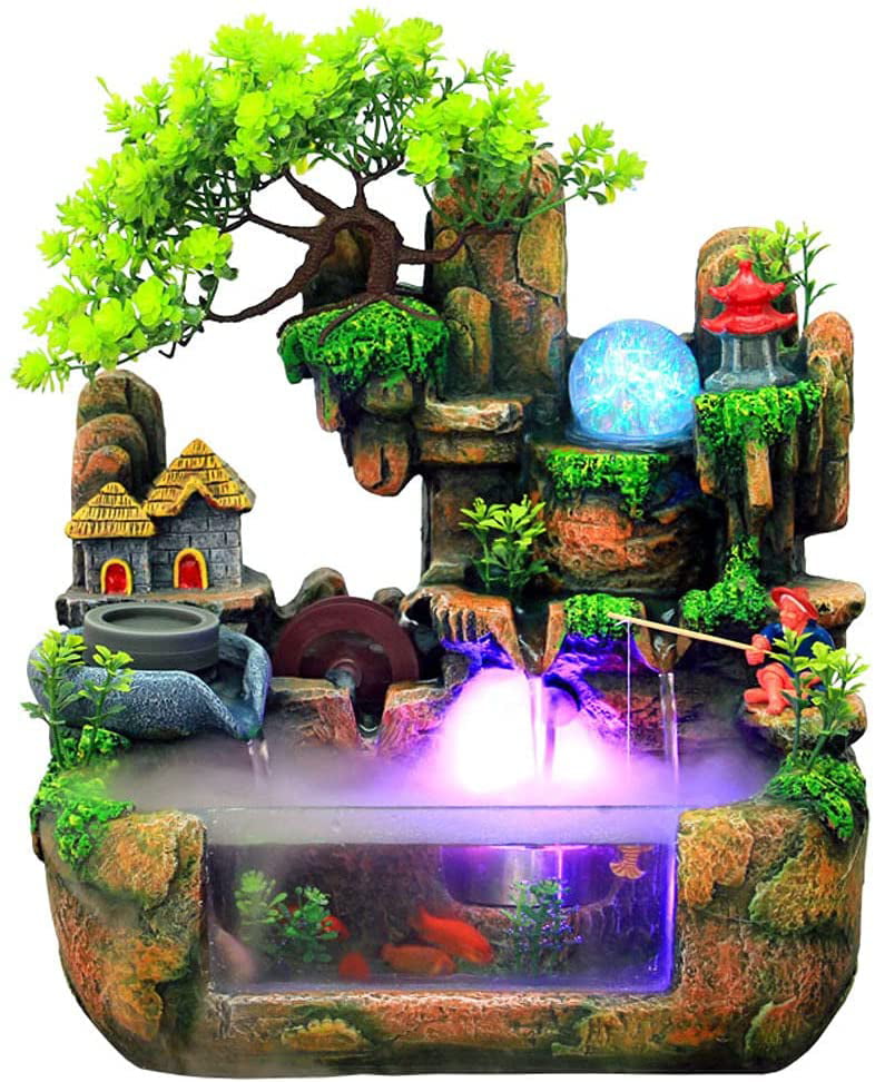 TFCFL Waterfall Resin Rockery Water Fountain Indoor Tabletop Ornament LED Lights Home