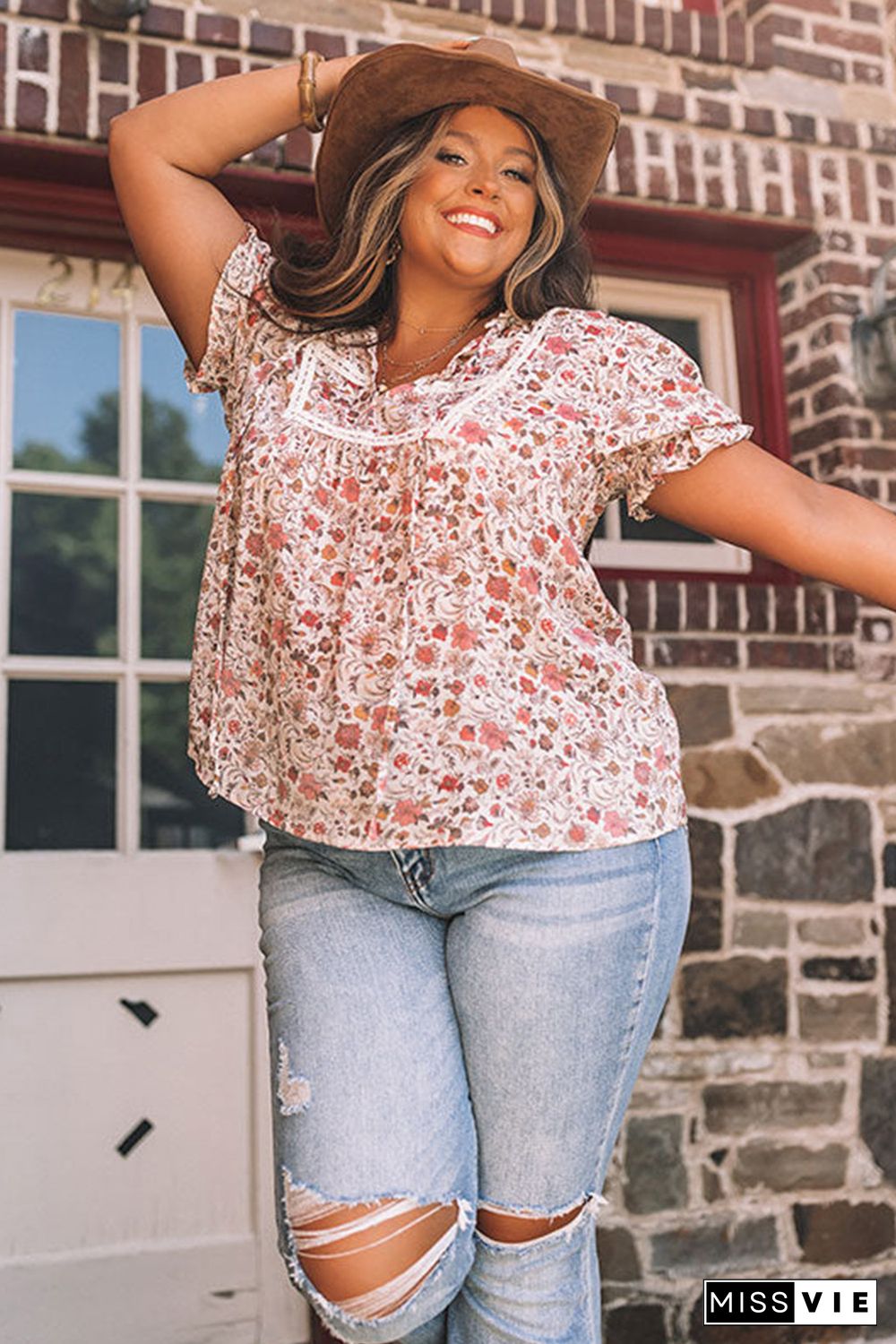 Pink Split Neck Floral Print Plus Size Top