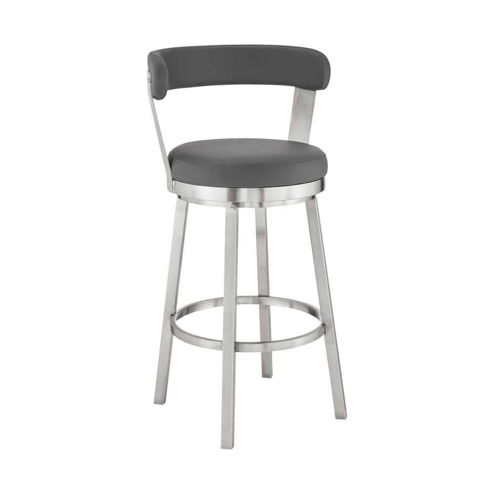 Armen Living Kobe 30 in. Bar Height Low Back Swivel Bar Stool in Brushed Stainless Steel and Grey Faux Leather 721535761814