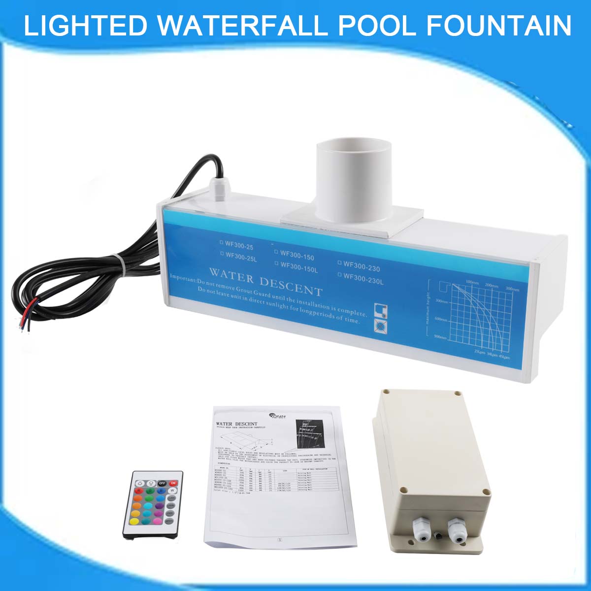 SUDEG Pool Fountain with LED Strip Light Rectangular Pool Waterfall Spillway for Garden(12 x 5.4 x 3 inch)