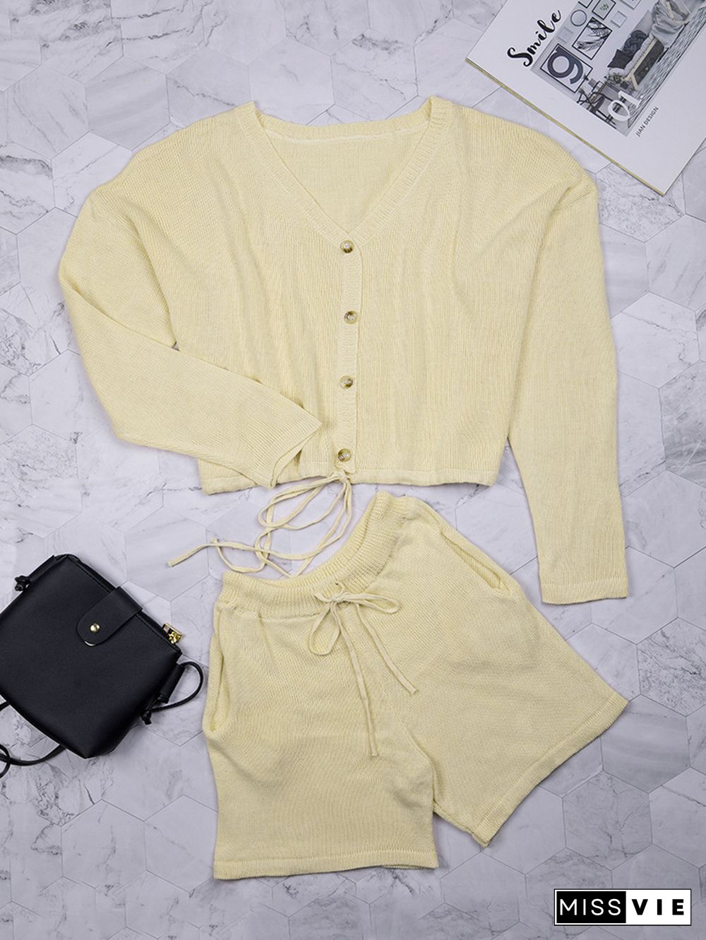 Solid Knitted Sweater Cardigan+Shorts 2 Piece Sets