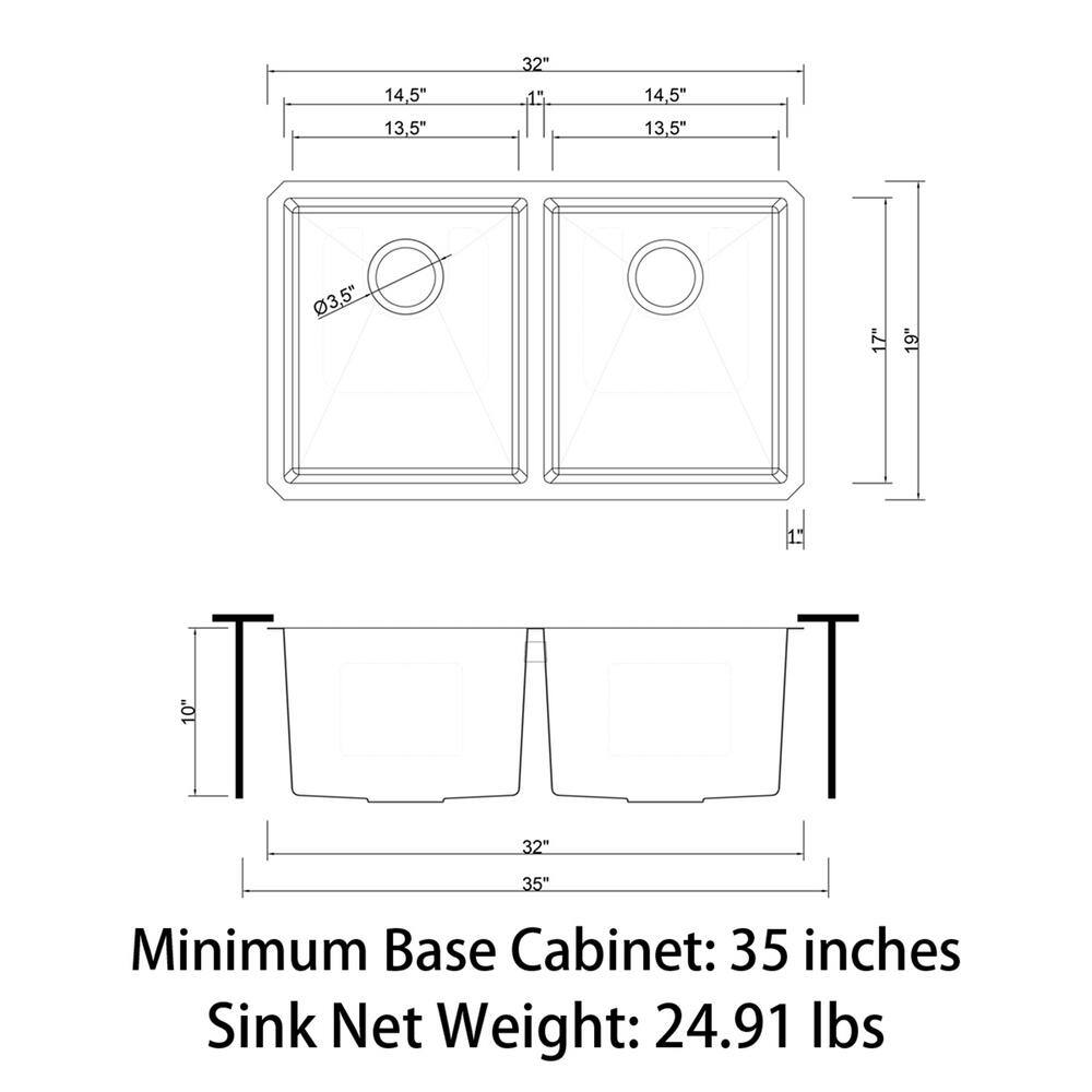 Sinber 32 in. Undermount Double Bowl 18-Gauge Black 304 Stainless Steel Workstation Kitchen Sink HU3219D-BR