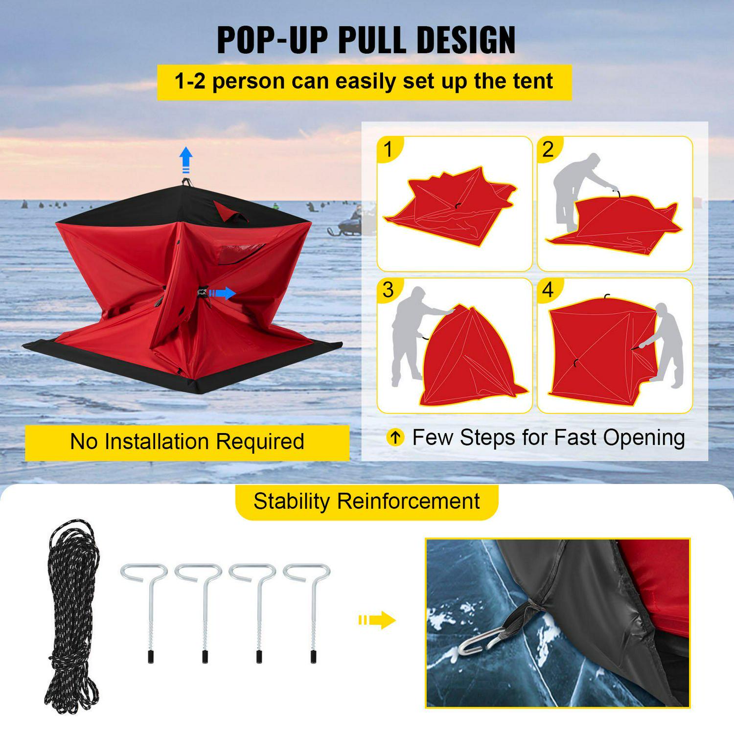 VEVORbrand Waterproof Pop-Up 2-Person Carrying Bag Ice Fishing Shelter with Detachable Ventilation Windows， 300D Oxford Fabric Zippered Door Shanty for Outdoor Fishing， Red