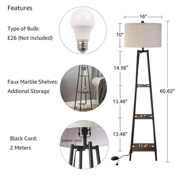 ROSEN GARDEN Floor Lamp, Standing Reading Light with Shelves and Shade