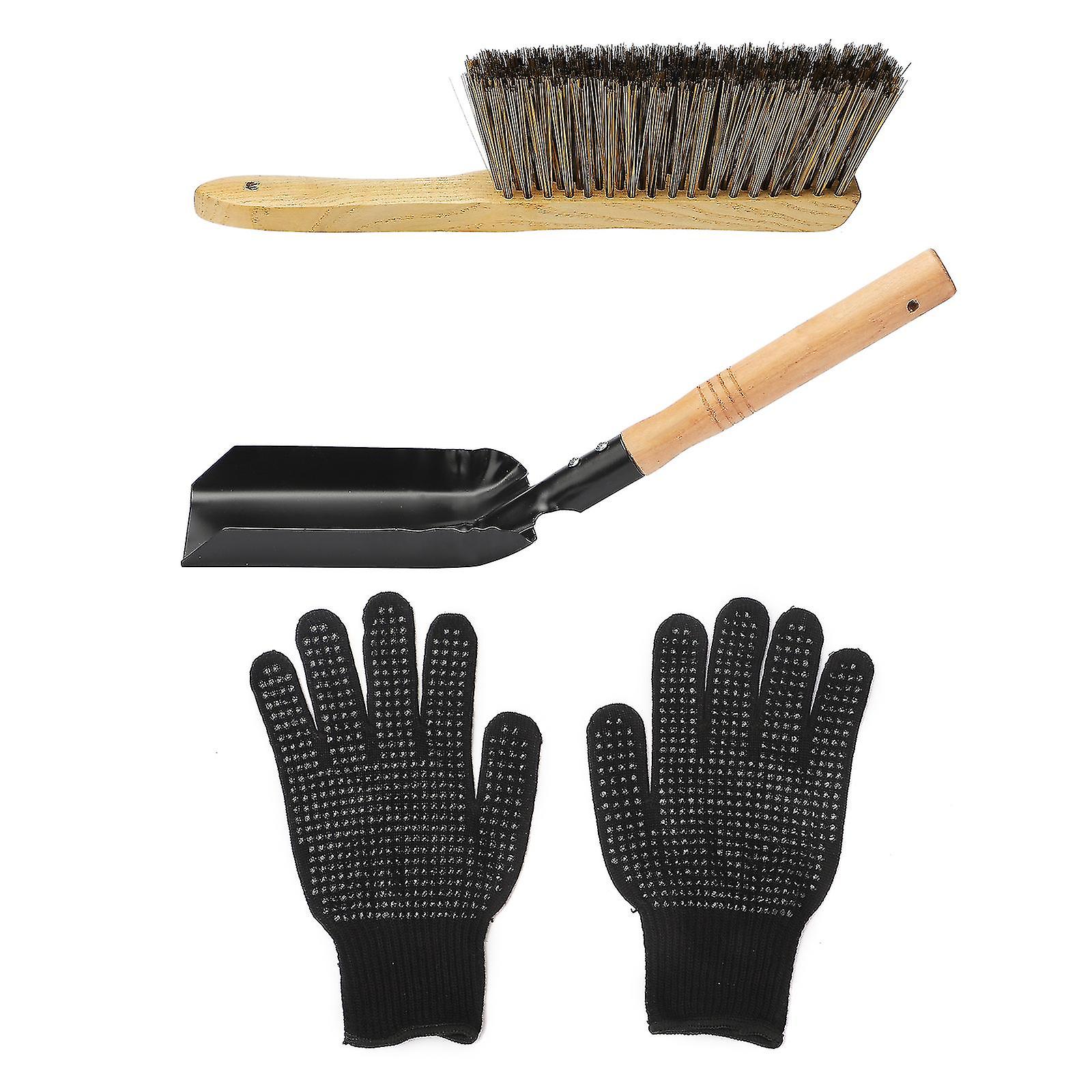 Fireplace Cleaning Tools Kit Silicone Gloves Hearth Brush Set Light Wooden Handle Strong Sturdy Coal Shovel