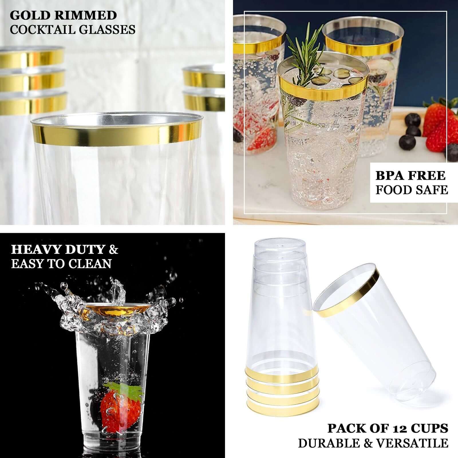 12 Pack Tall Gold Rim Clear Plastic Cups, Disposable Party Glasses 17oz