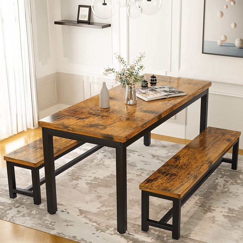 Industrial 3 Piece Dining Table Set  Retro Wood Kitchen Table Set with 2 Benches for Home Kitchen  Dining Room  Restaurant