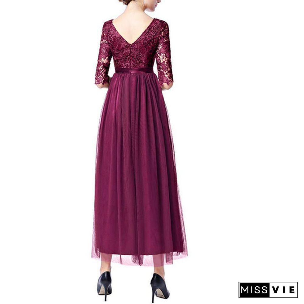 Women's Vintage Floral Lace 3/4 Sleeves Floor Length Retro Evening Cocktail Formal Bridesmaid Gown Long Maxi Dress