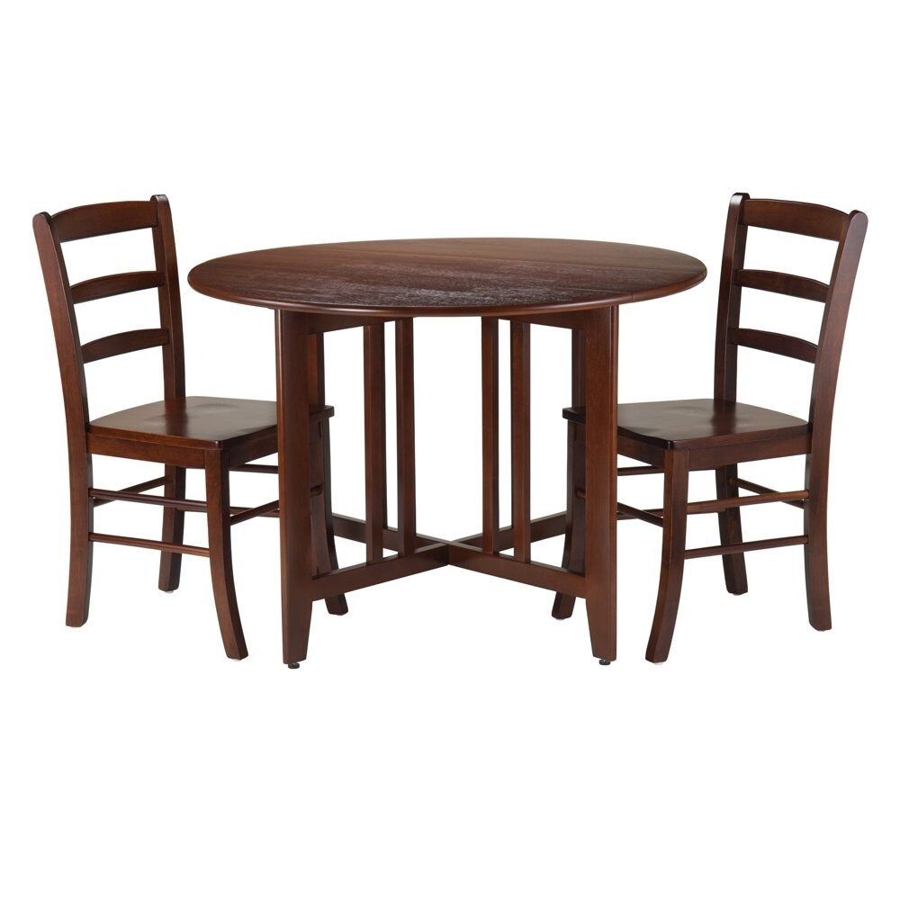 Wood Alamo 3-Pc Dining Set， Round Drop Leaf Table and 2 Ladder Back Chairs， Walnut Finish