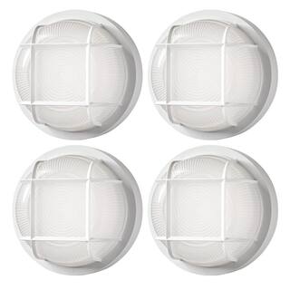 Hampton Bay Nautical Round White LED Outdoor Bulkhead Light Frost Glass Lens Corrosion Weather Resistant Non-Metallic Base (4-Pack) 504081010-4PK