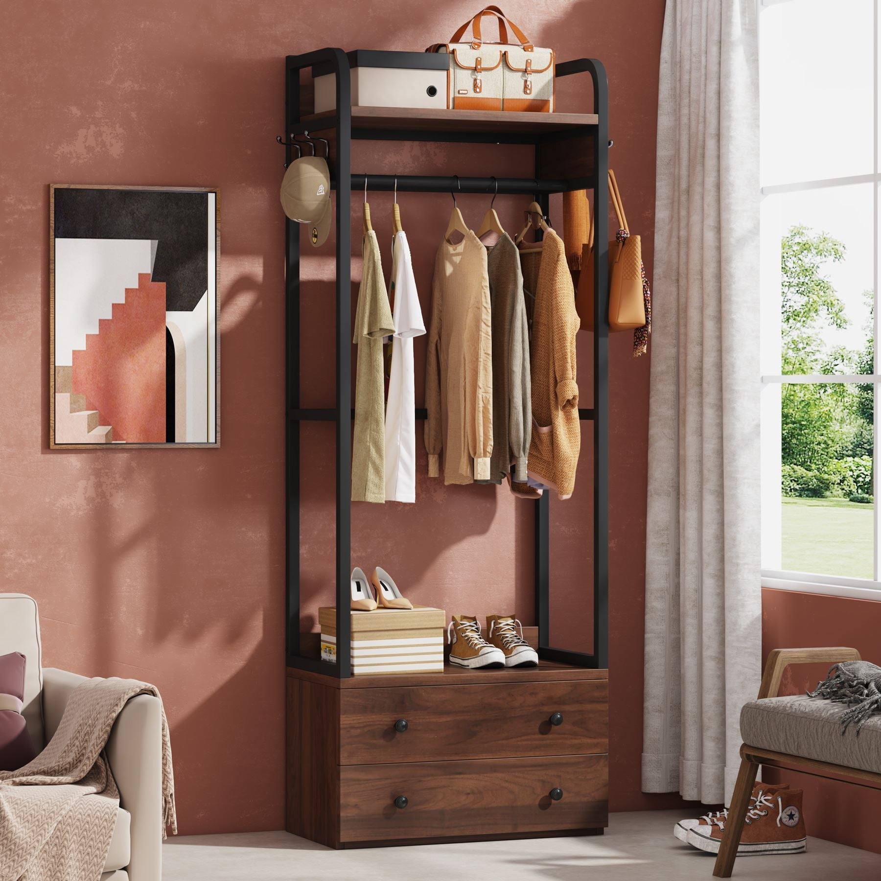 Freestanding Closet Organizer, Coat Rack with Drawers and Shelves