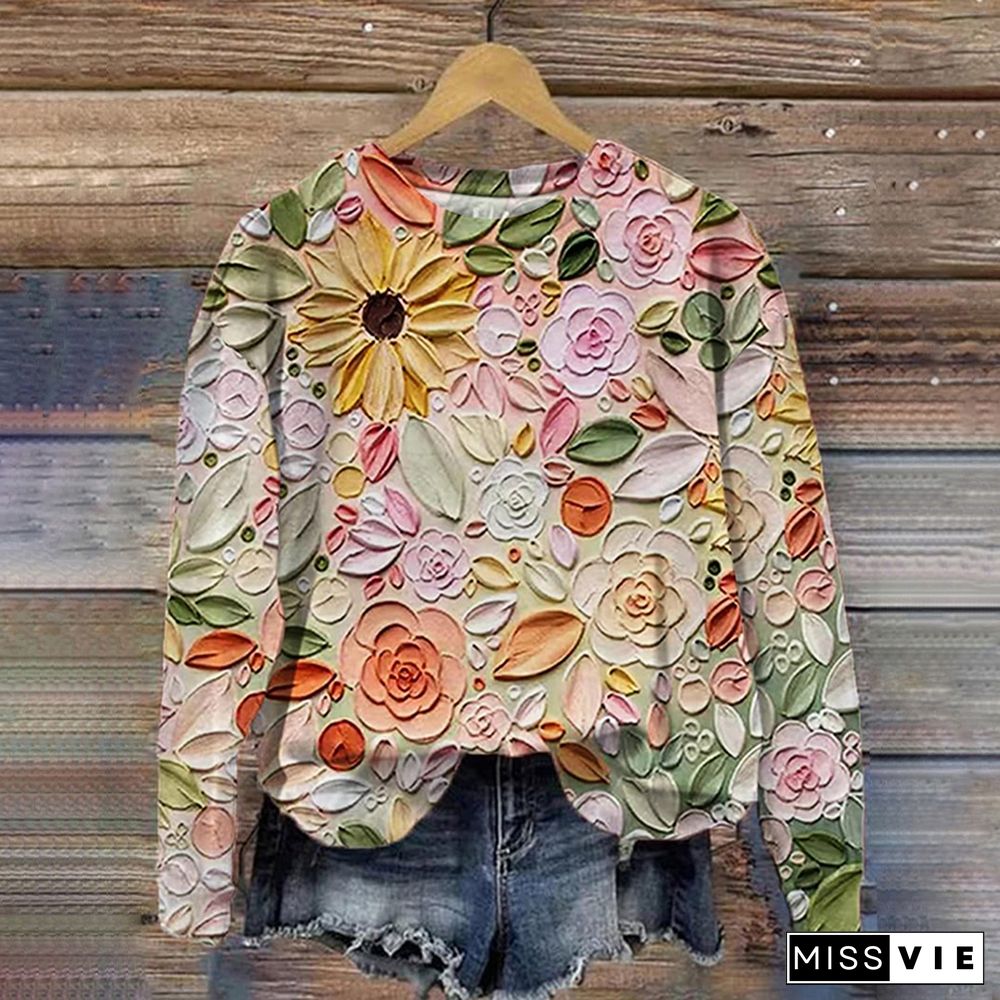 Colorful Flowers Oil Painting Art Round Neck Sweatshirt