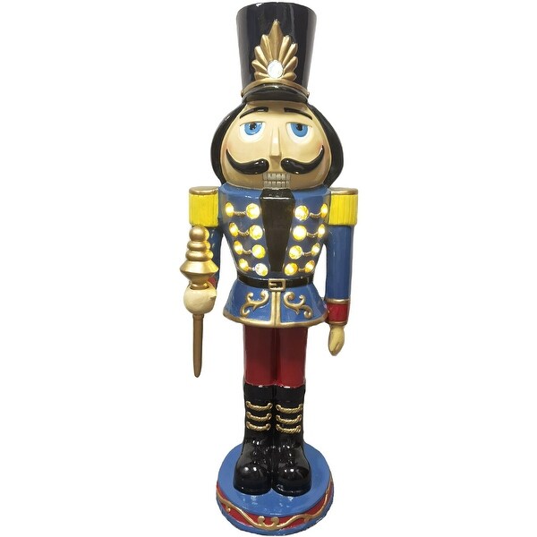 Fraser Hill Farm 3Ft. Nutcracker Toy Soldier Holding a Staff，Resin Statue w/ LED Lights，Indoor or Outdoor Christmas Decor