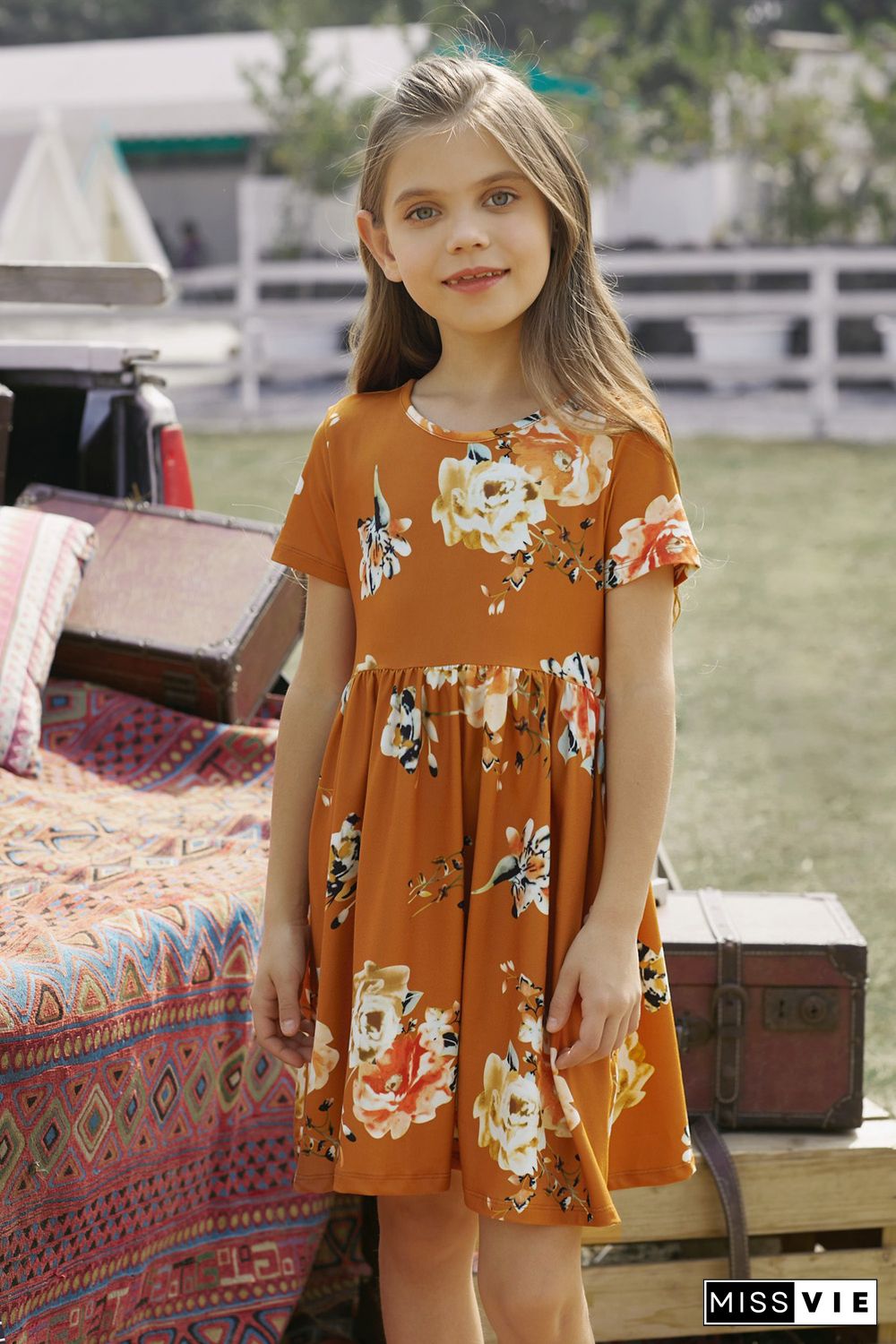 Orange Short Sleeve Pocketed Children's Floral Dress