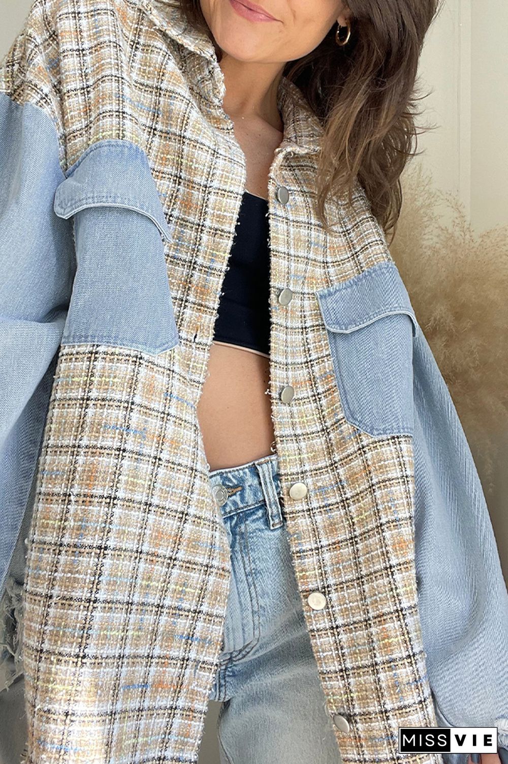 Lt Blue Ripped Denim Splicing Knit Plaid Pocketed Oversized Jackets