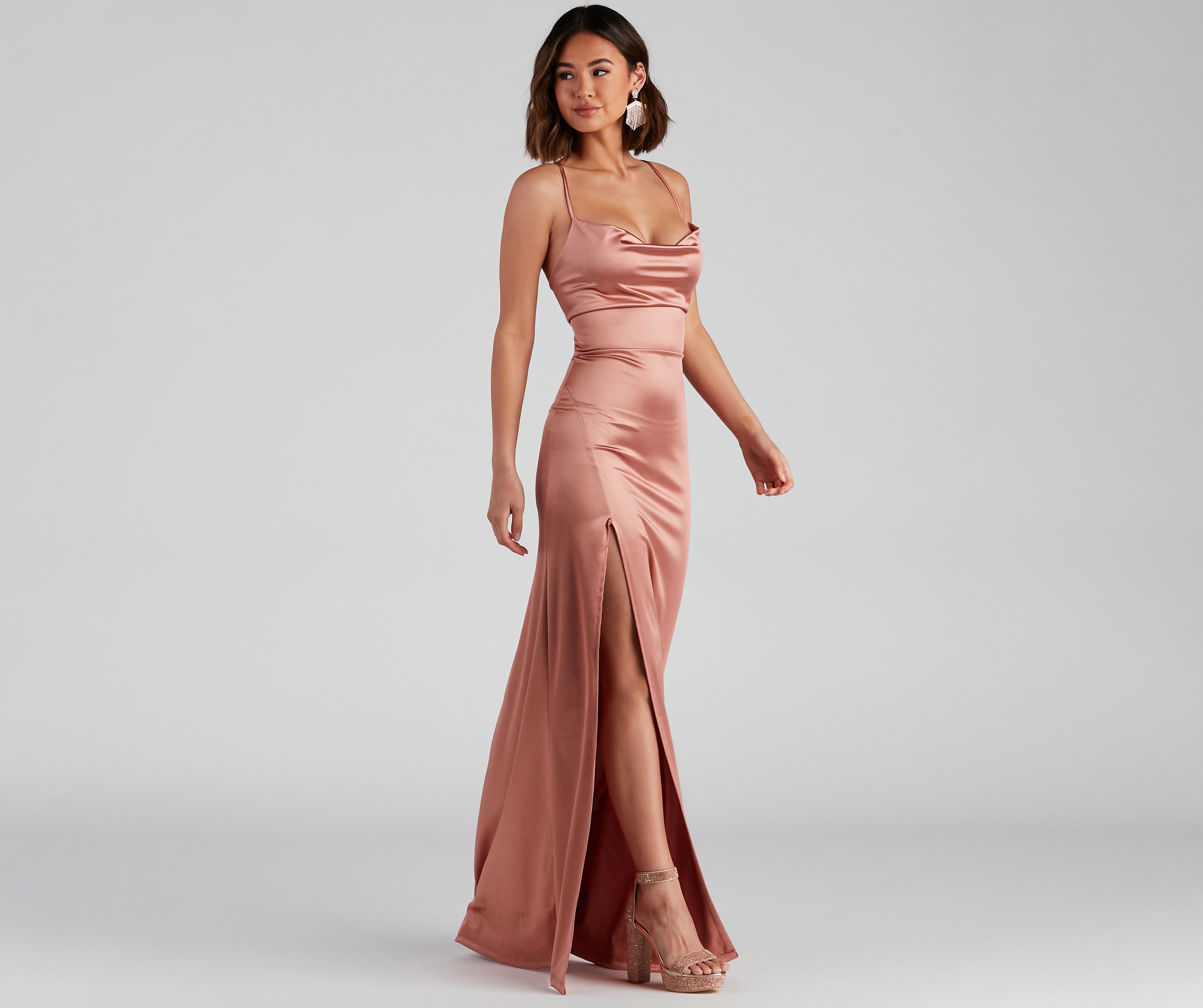 Cassie Sleeveless Satin High Slit Formal Dress