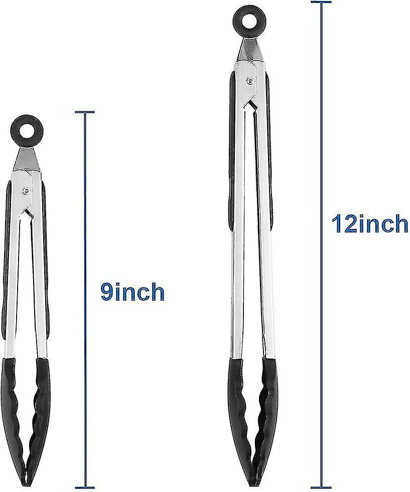 2 Pack Black Kitchen Cooking Tongs， Silicone Locking Serving Tongs(9-inch and 12-inch)