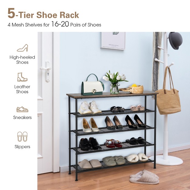 Shoe Rack 5 tier Shoe Storage Organizer W 4 Metal Mesh Shelves For 16 20 Pairs