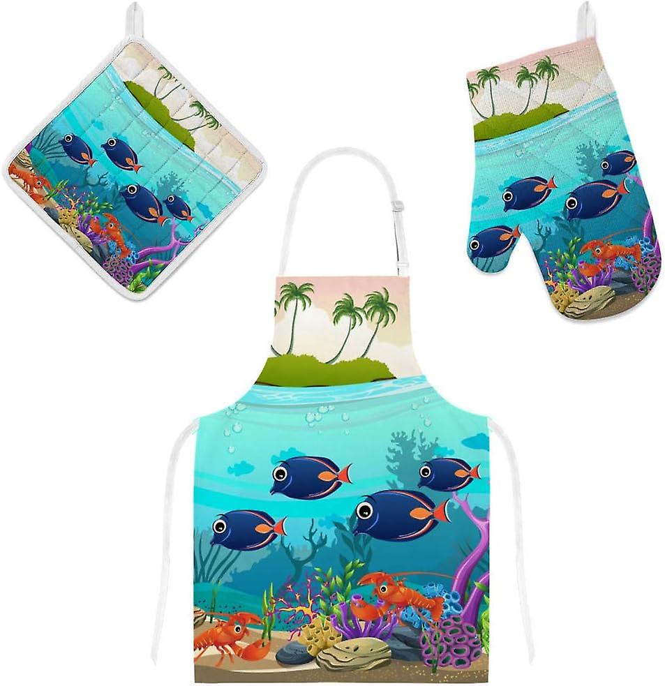 Insulation Kitchen Oven Mitts Potholder Apron 3pcs Set Undersea Life Non Slip Heat Resistant Gloves For Baking Cooking Bbq