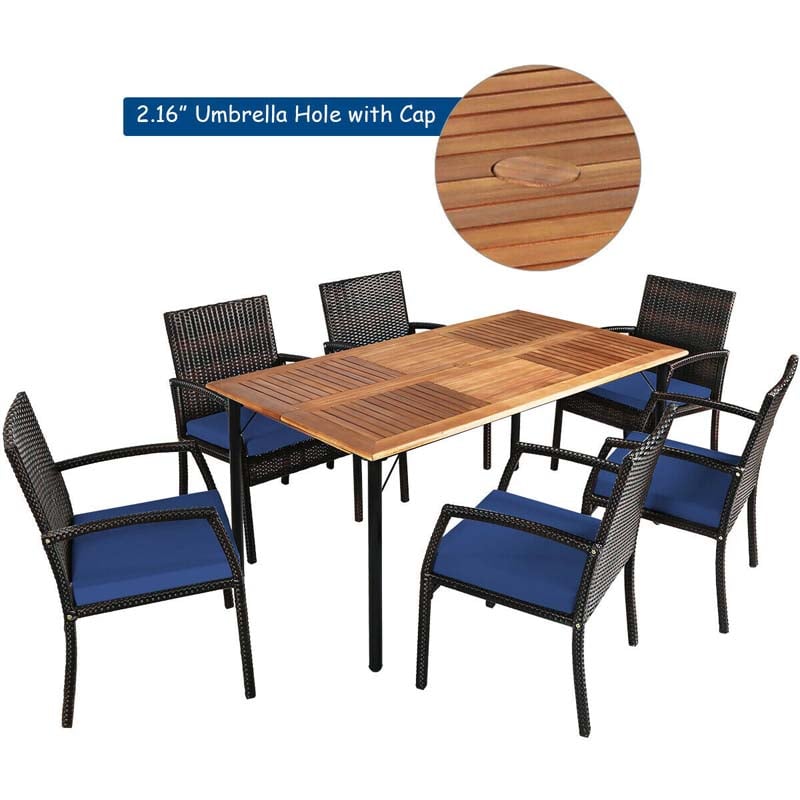 7 Pcs Rattan Patio Dining Set with Umbrella Hole, Acacia Wood Tabletop, Cushioned Chairs