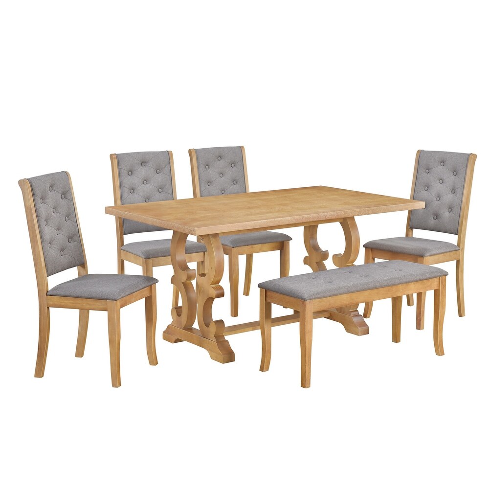 Modern Vintage 6 Piece Dining Set with Rectangular Dining Table and Tufted Dining Chairs   Bench Seating  for Dining Room