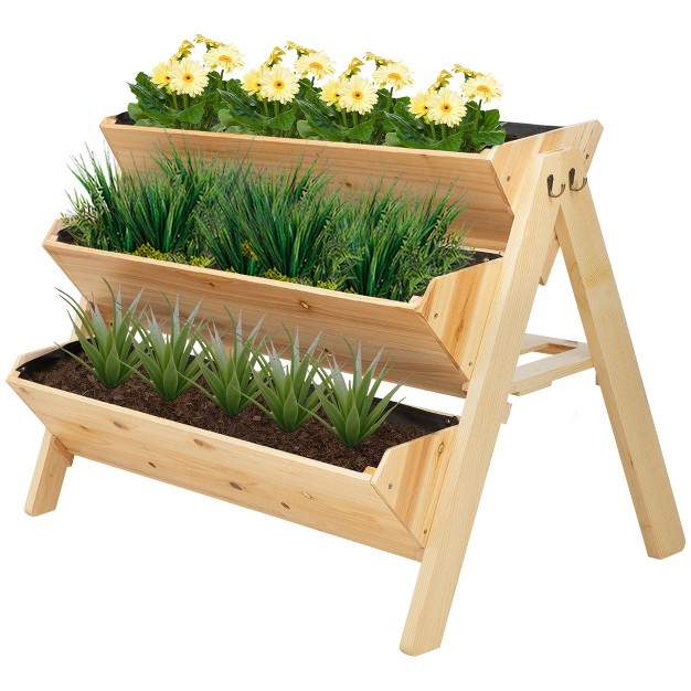 Outsunny 3-tiers Raised Garden Bed Raised Garden Boxes Wooden Plant Stand With Side Hooks， Great For Flowers Herbs Vegetables， Natural