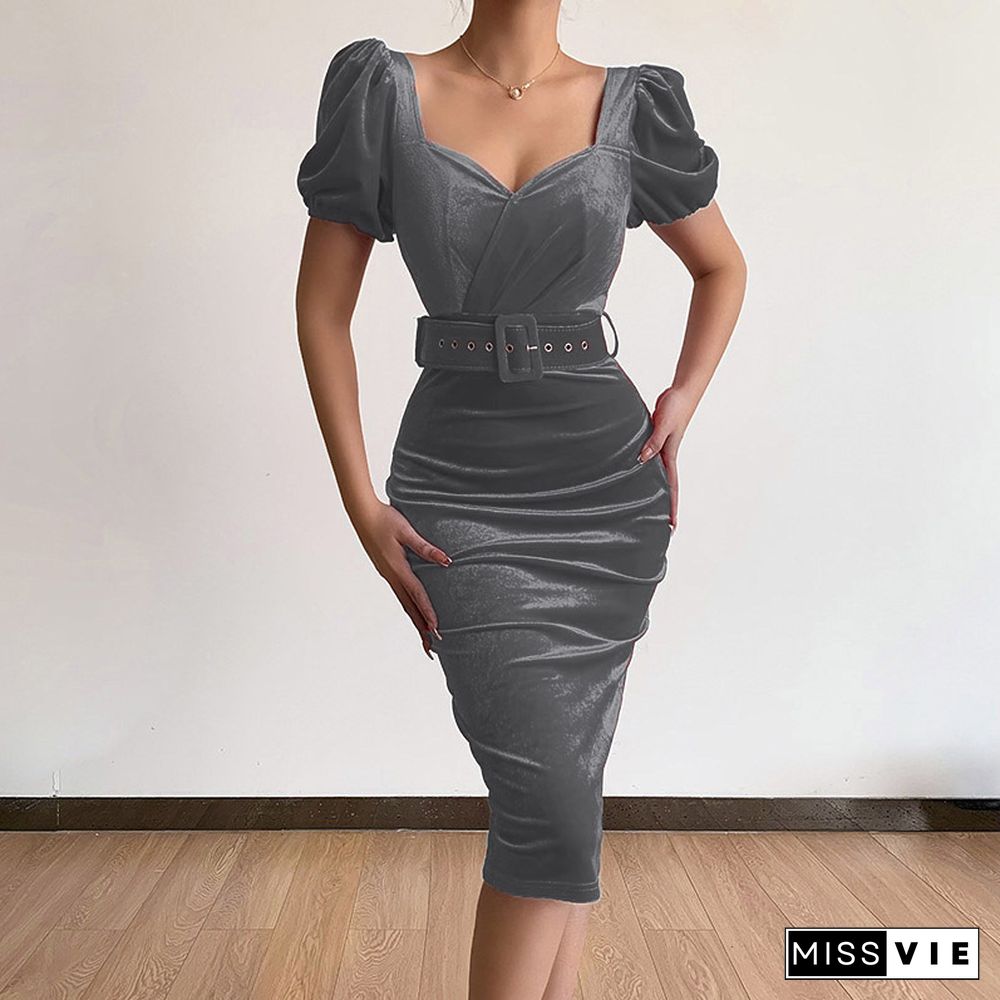 Elegant Bodycon Low-Cut V-Neck Puff Sleeve Midi Dress Women Autumn Velvet Slim Party Dress Fashion Folds Solid Dresses Vestidos