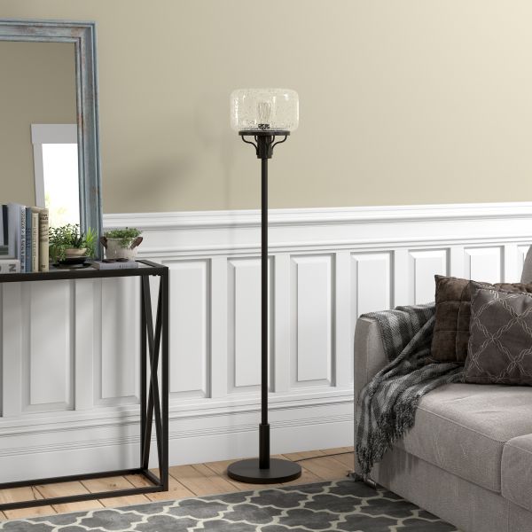 Tatum Globe and Stem Floor Lamp with Glass Shade in Blackened Bronze/Seeded