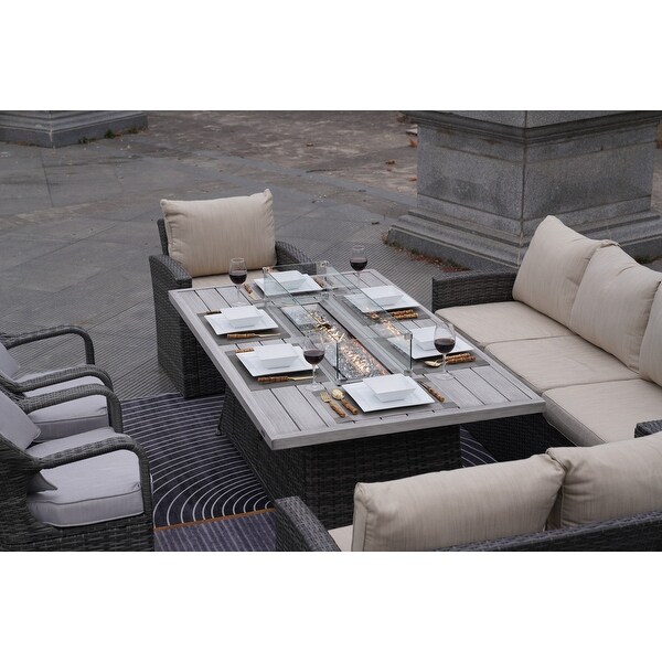 7Piece Patio Rattan Sofa Set with Alum Dining Table and Armchairs