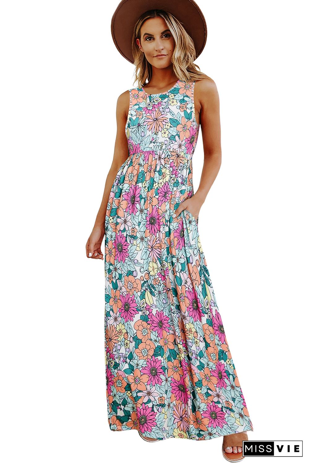 Multicolor Floral Print High Waist Sleeveless Maxi Dress