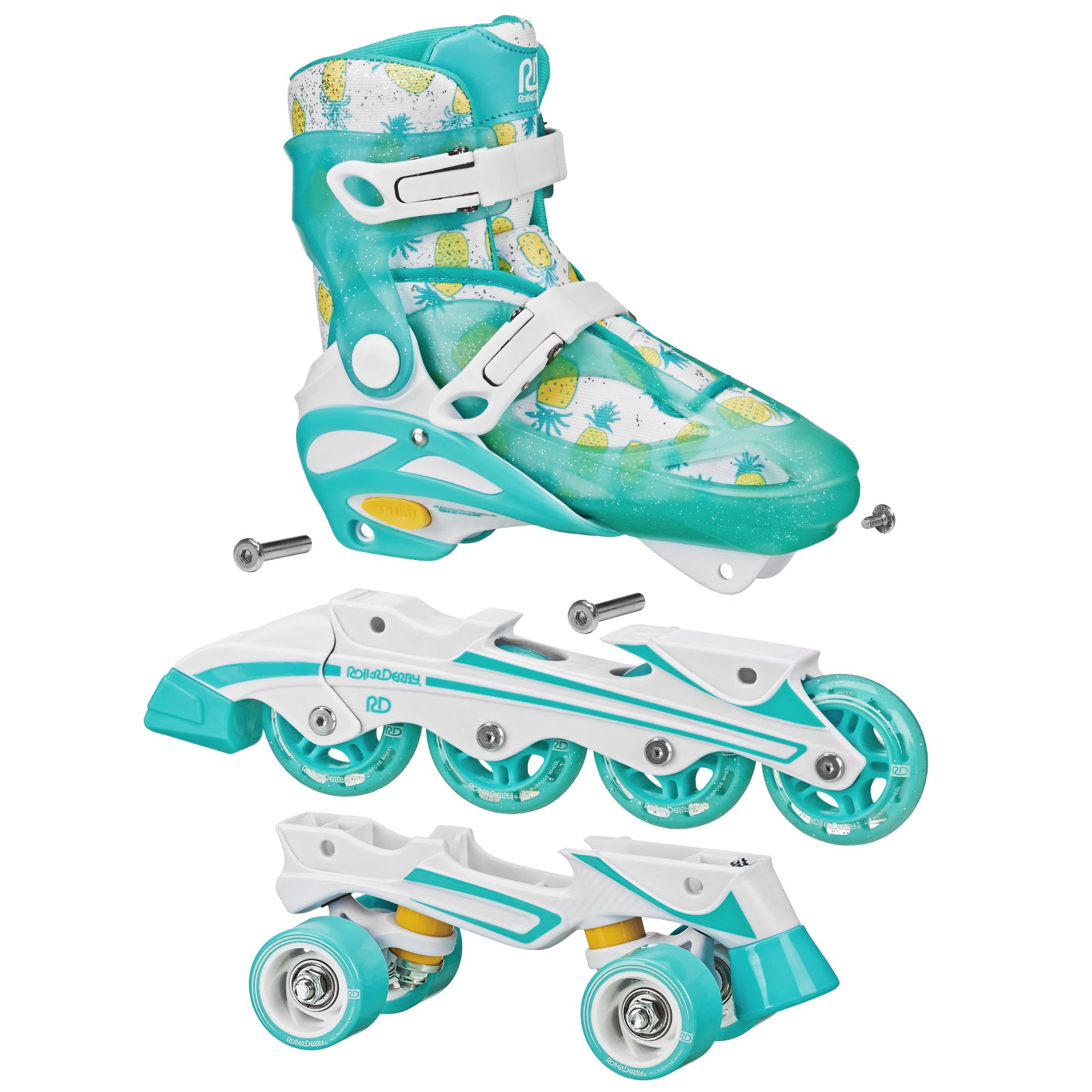 Roller Derby Sprinter Girl's 2-in-1 Quad Roller and Inline Skates Combo, Pineapple (Size 3-6)