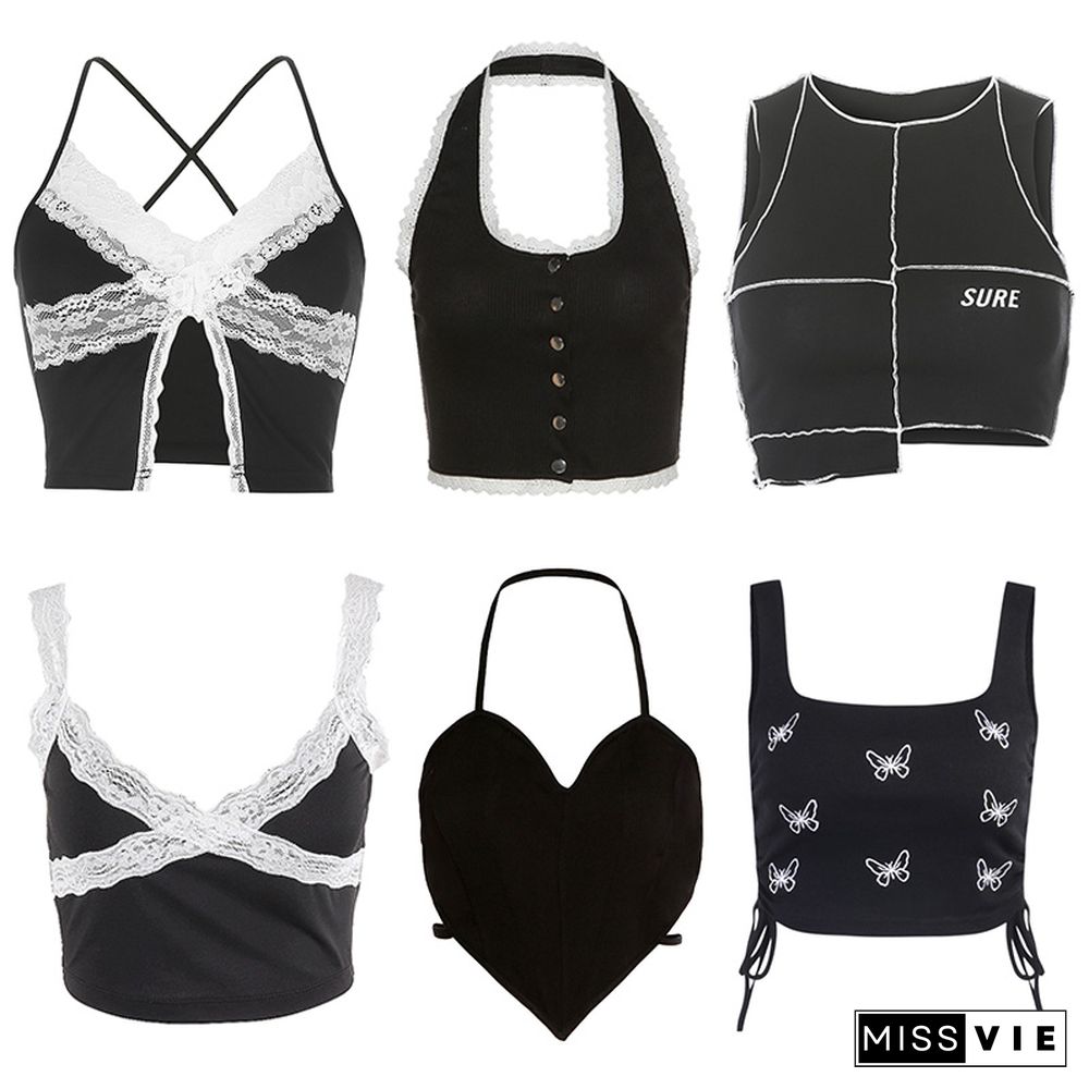 Black Crop Top Patchwork Lace Spaghetti Strap Corset Top Sleeveless Cami Top Y2K Aesthetic Sexy Camisole Summer