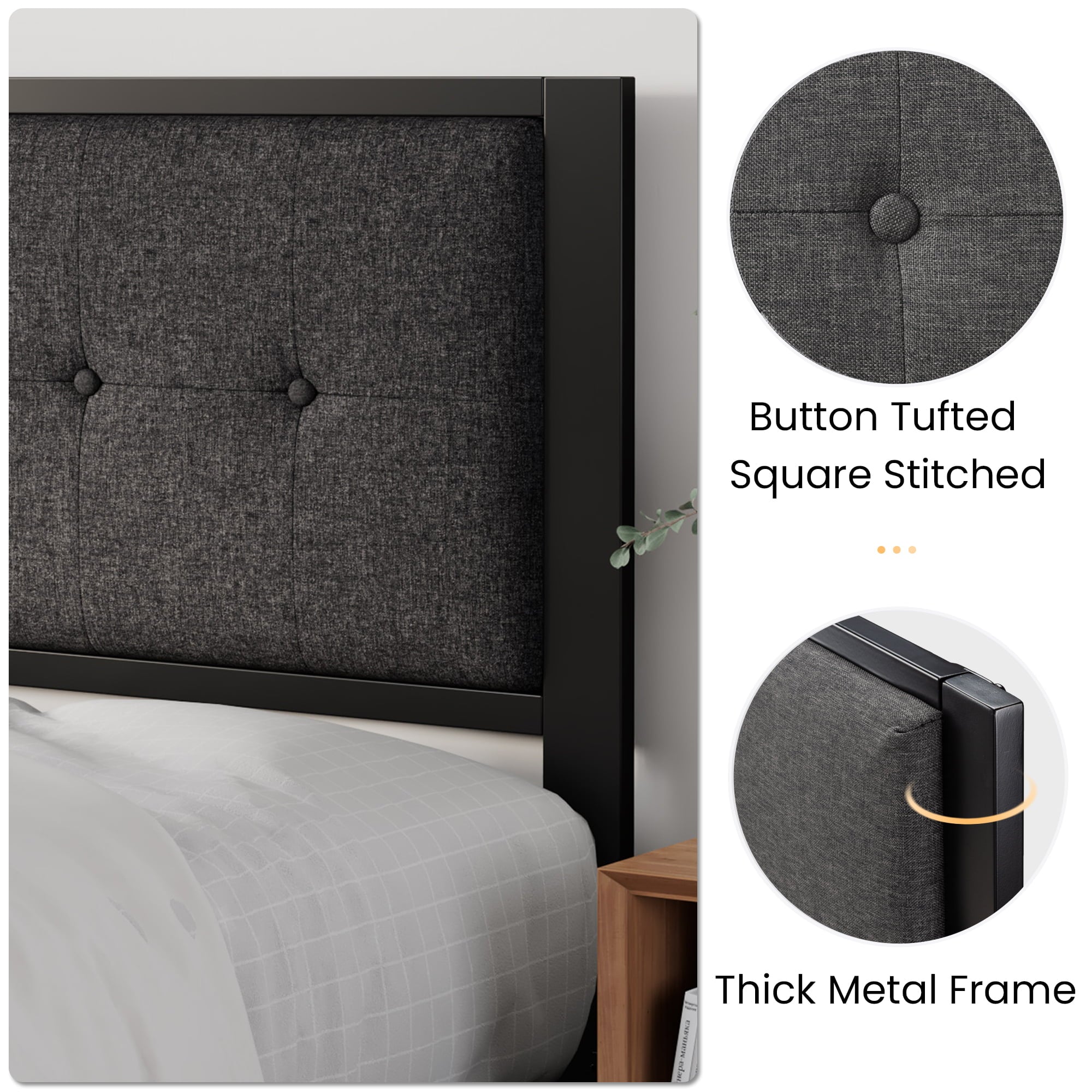 SHA CERLIN King Metal Platform Bed with Fabric Upholstered Button Tufted Headboard, Dark Grey