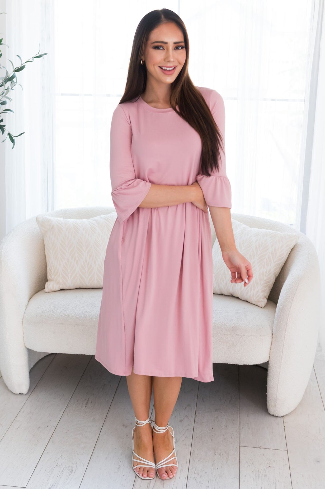 Zadie dusty pink bell-sleeved crew neck gown